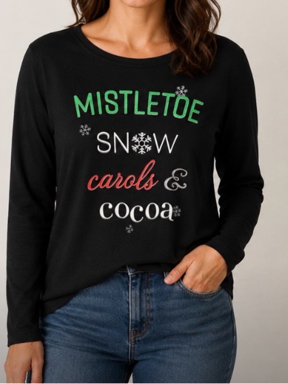 Holiday Time Black Long Sleeve Mistletoe Snow Carols & Cocoa Graphic Tee